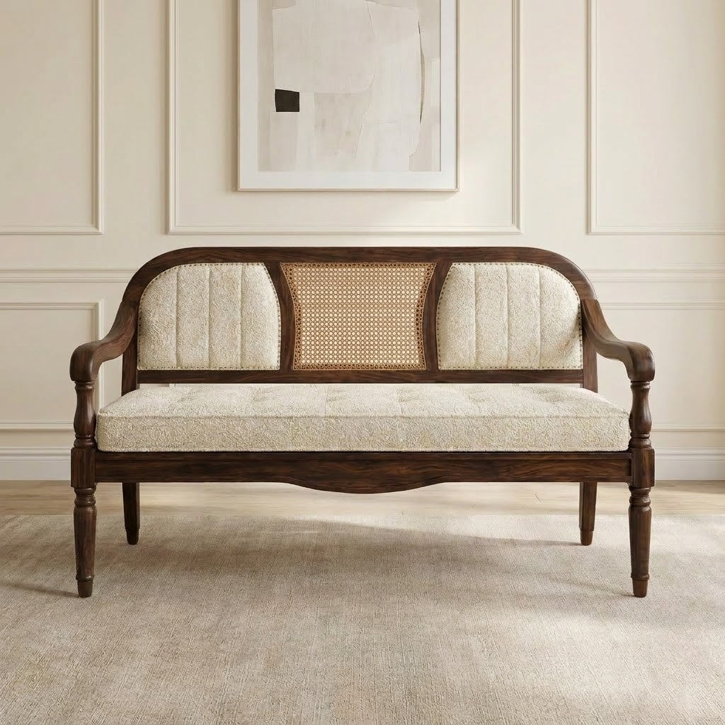 Premium Wooden Bench with Crème Boucle Upholstery and Cane Back by PRITI
