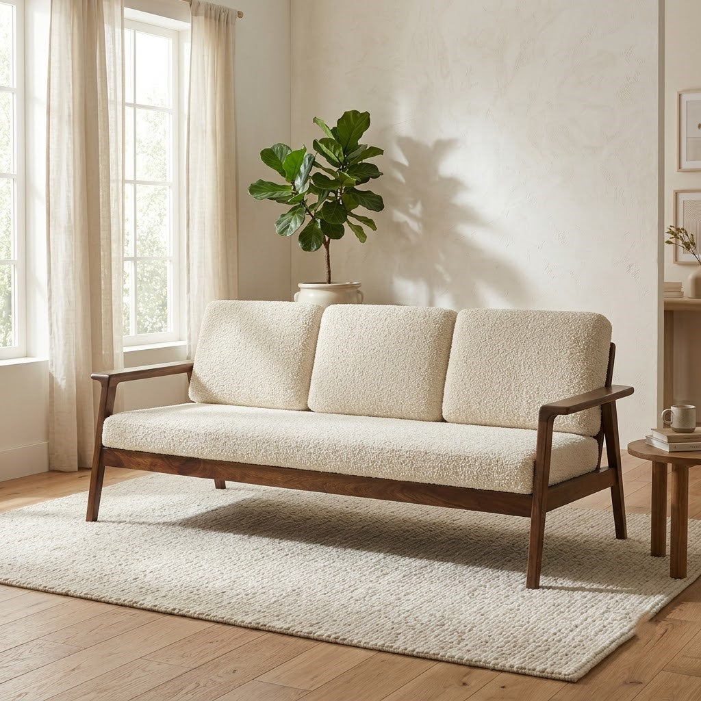 Premium beige three seater sofa for contemporary living room interiors