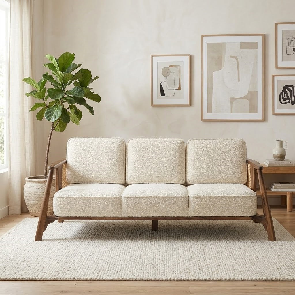 Premium brown three seater wooden sofa for contemporary living rooms