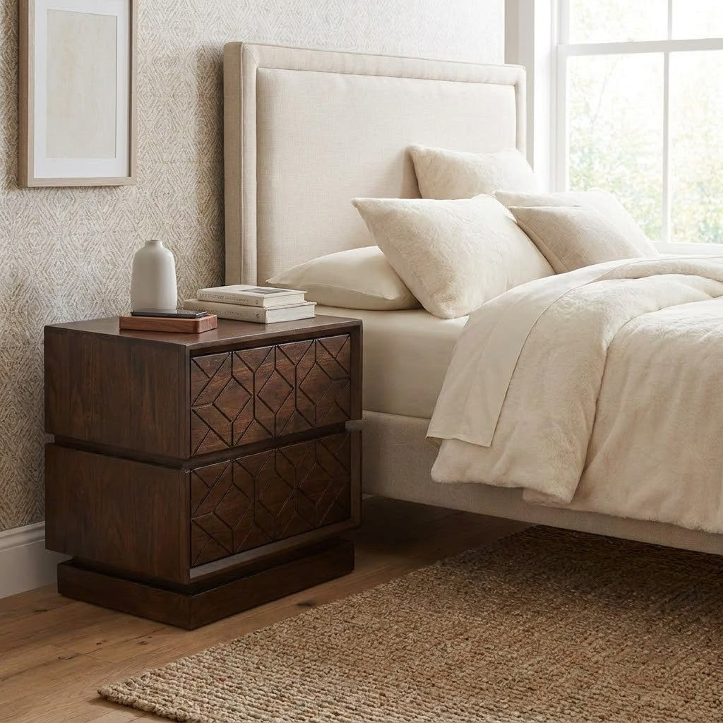 Premium dark walnut Sheesham wood nightstand beside bed