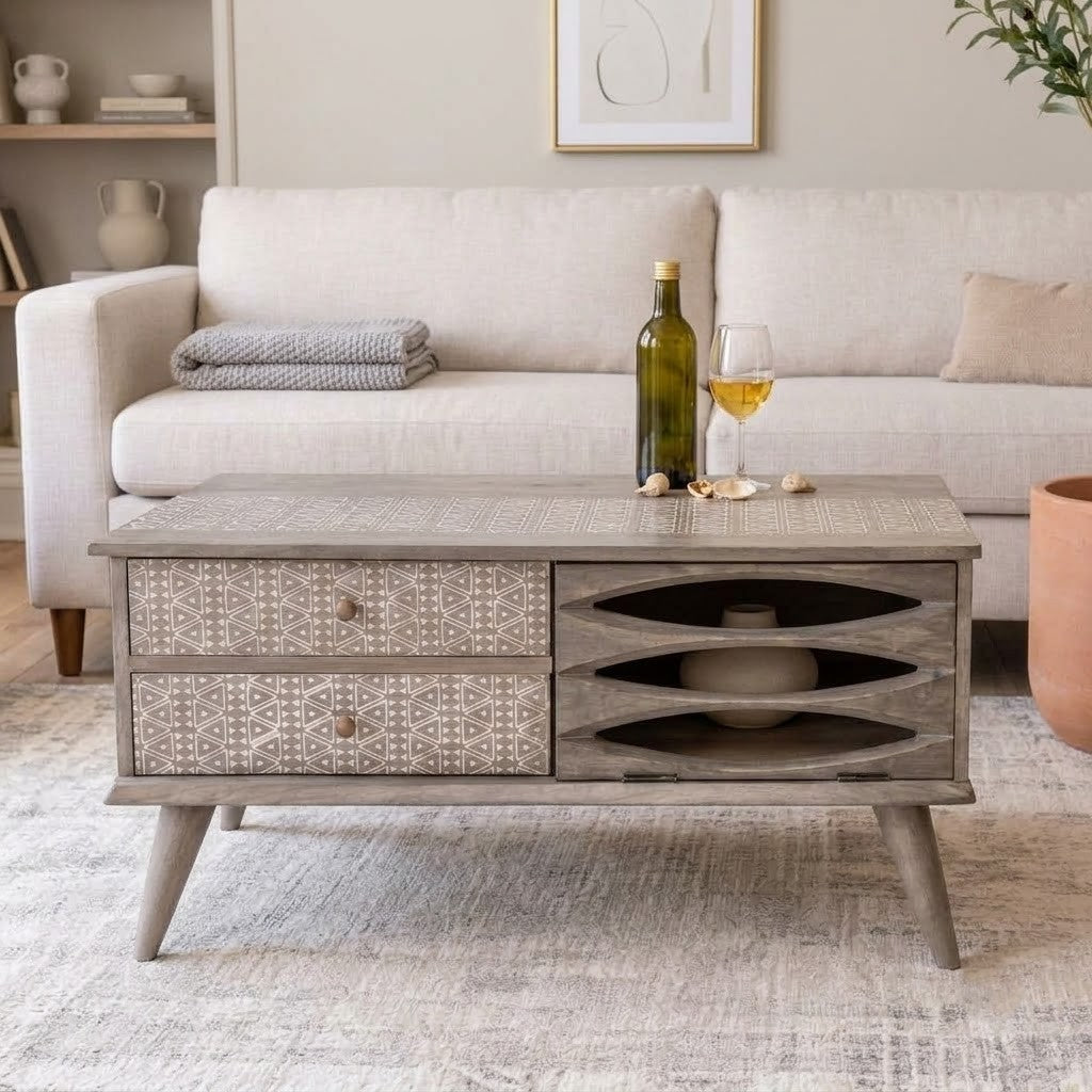 Premium mango wood coffee table with decorative drawer design by PRITI