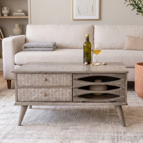 Premium mango wood coffee table with decorative drawer design by PRITI