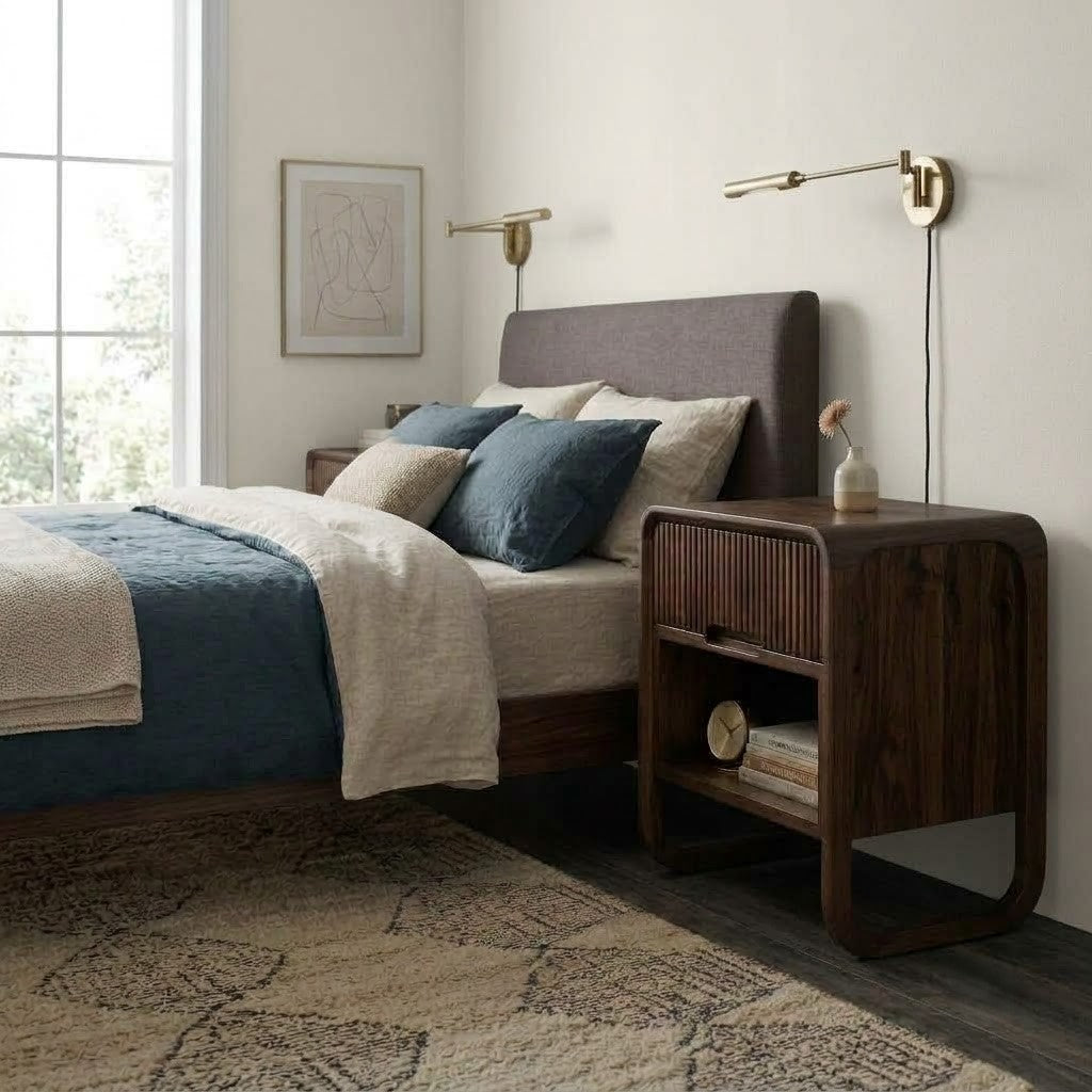 Premium wooden bedside table with fluted front and open compartment