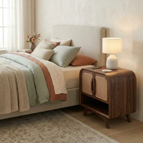 Premium wooden nightstand with cane cabinet and open shelf