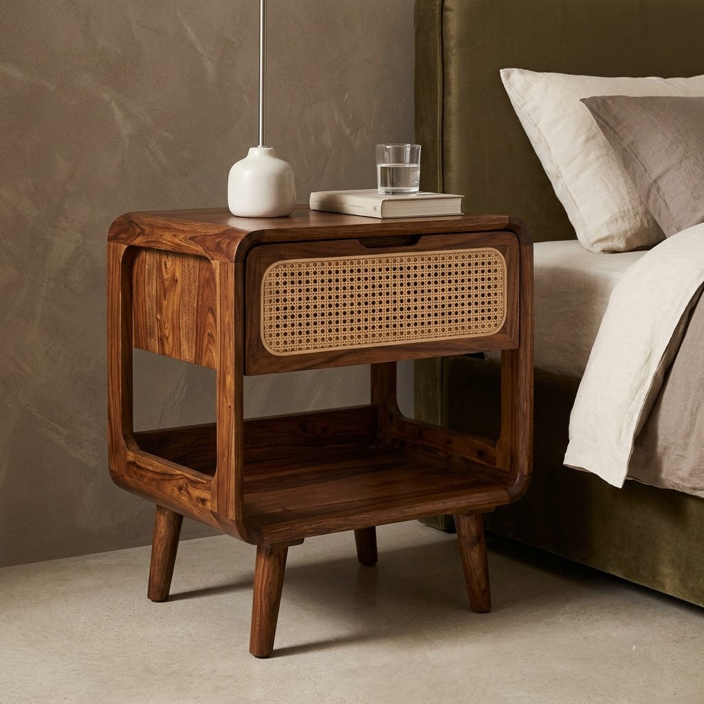 Premium wooden nightstand with cane drawer and open storage compartment