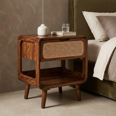 Premium wooden nightstand with cane drawer and open storage compartment