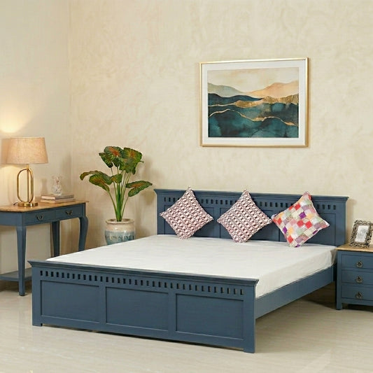 PRITI Solid Wood Queen Size Bed - Blue
