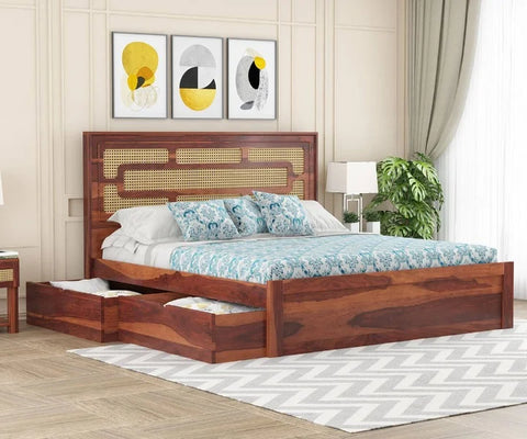PRITI Wooden Cane King/Queen Size Bed