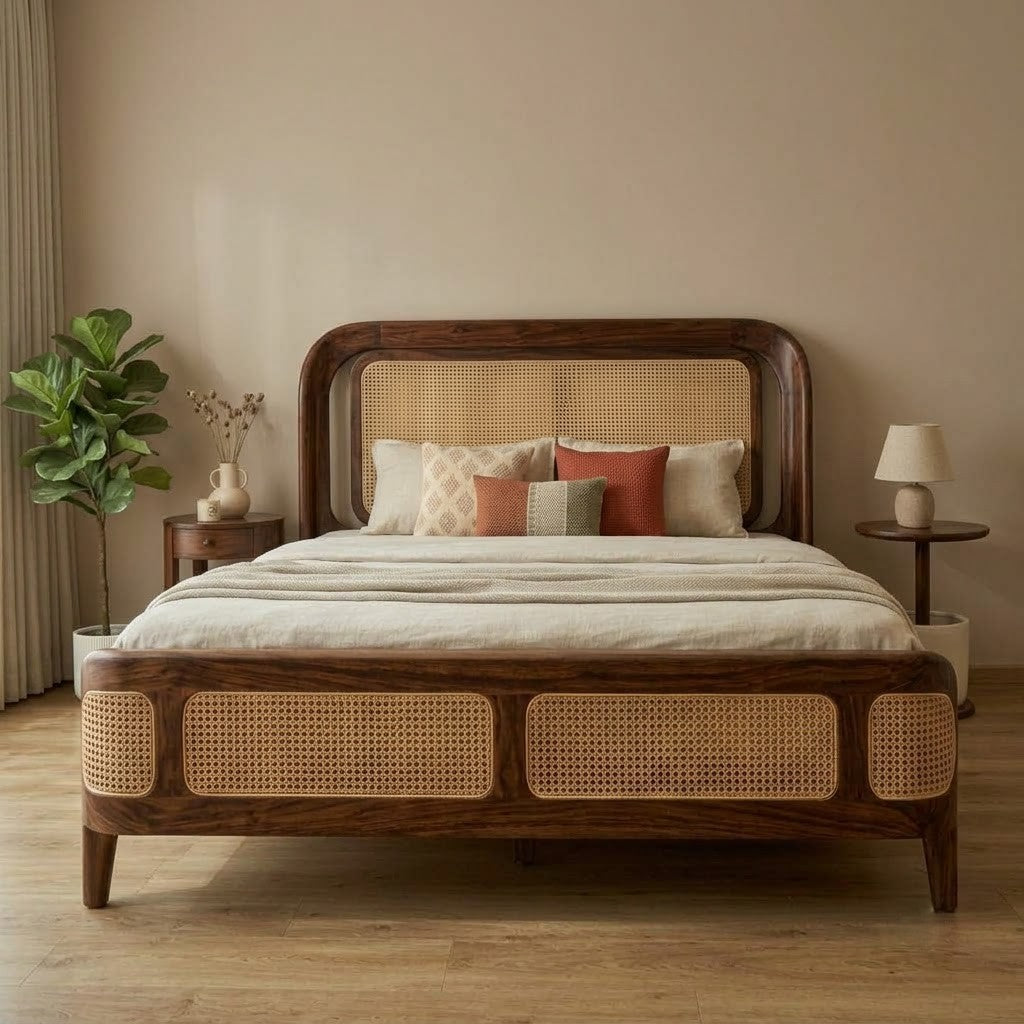 Rattan Cane King Bed Without Storage – Walnut Sheesham