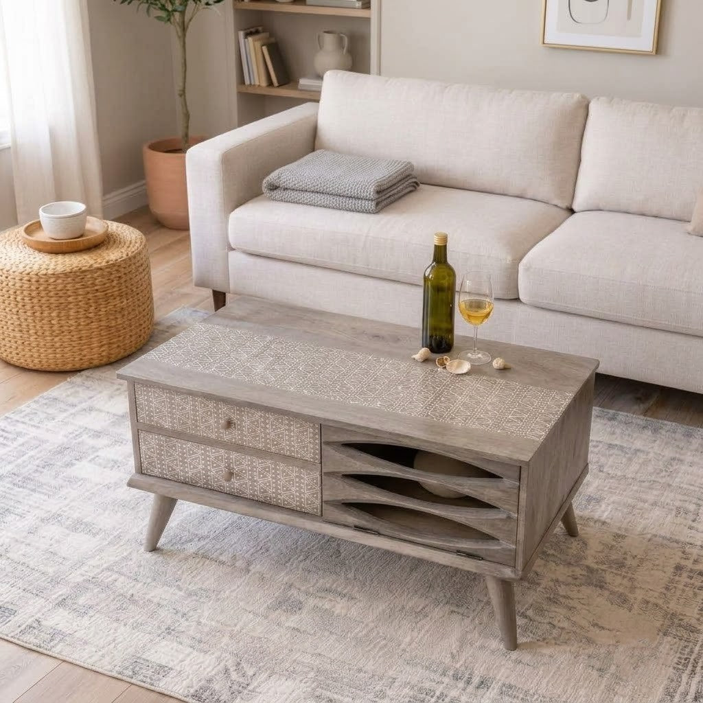 Rectangular solid wood coffee table with drawers and display s