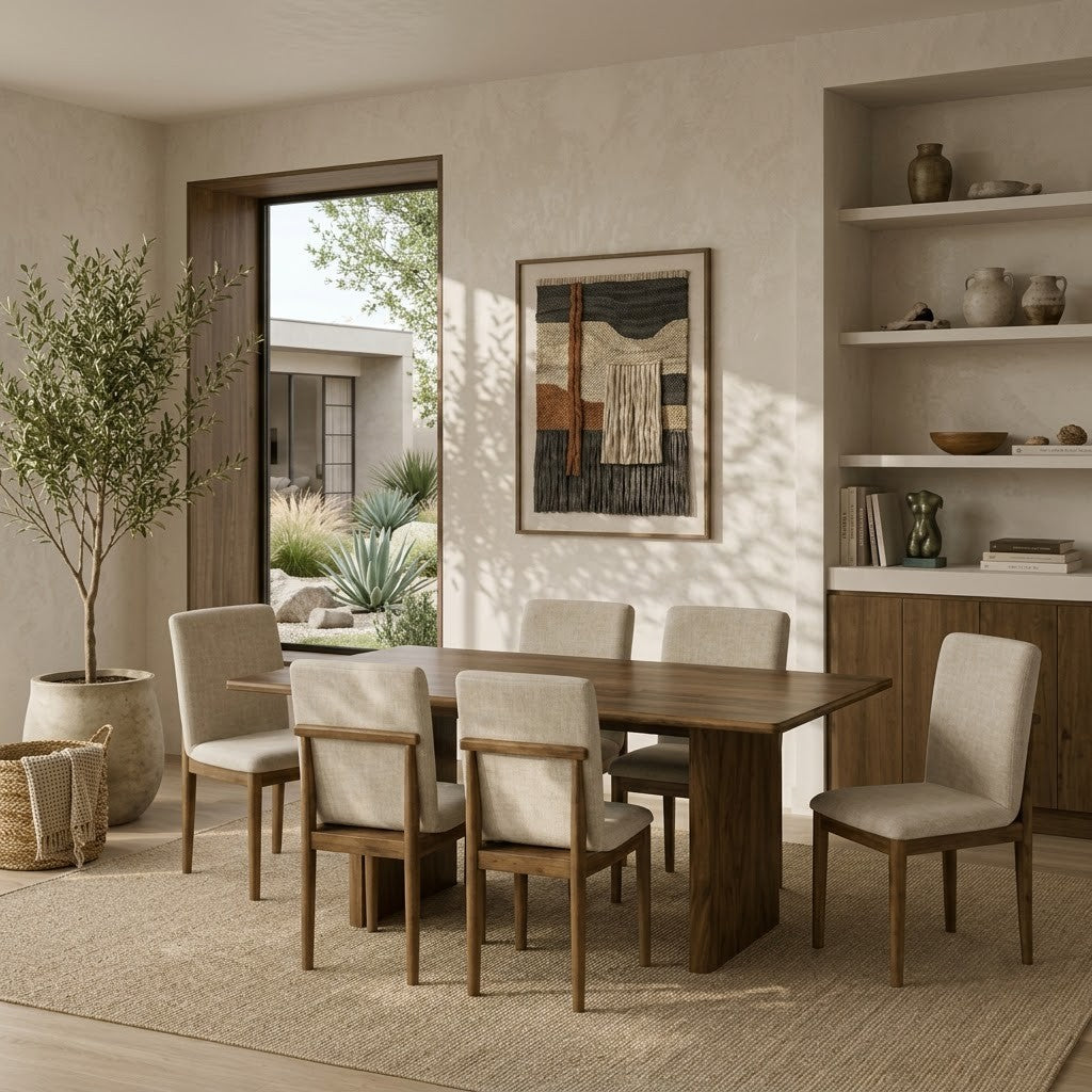Rectangular wooden dining table with six matching chairs by PRITI