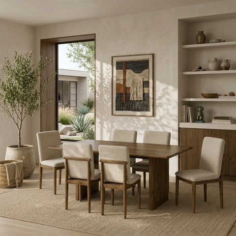 Rectangular wooden dining table with six matching chairs by PRITI