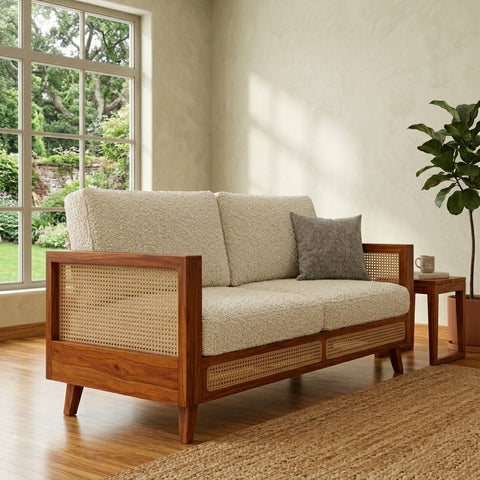 PRITI Sheesham Wood and Cane Sofa for Living Room