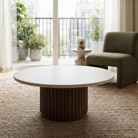 Round Coffee Table with Fluted Wooden Drum Base