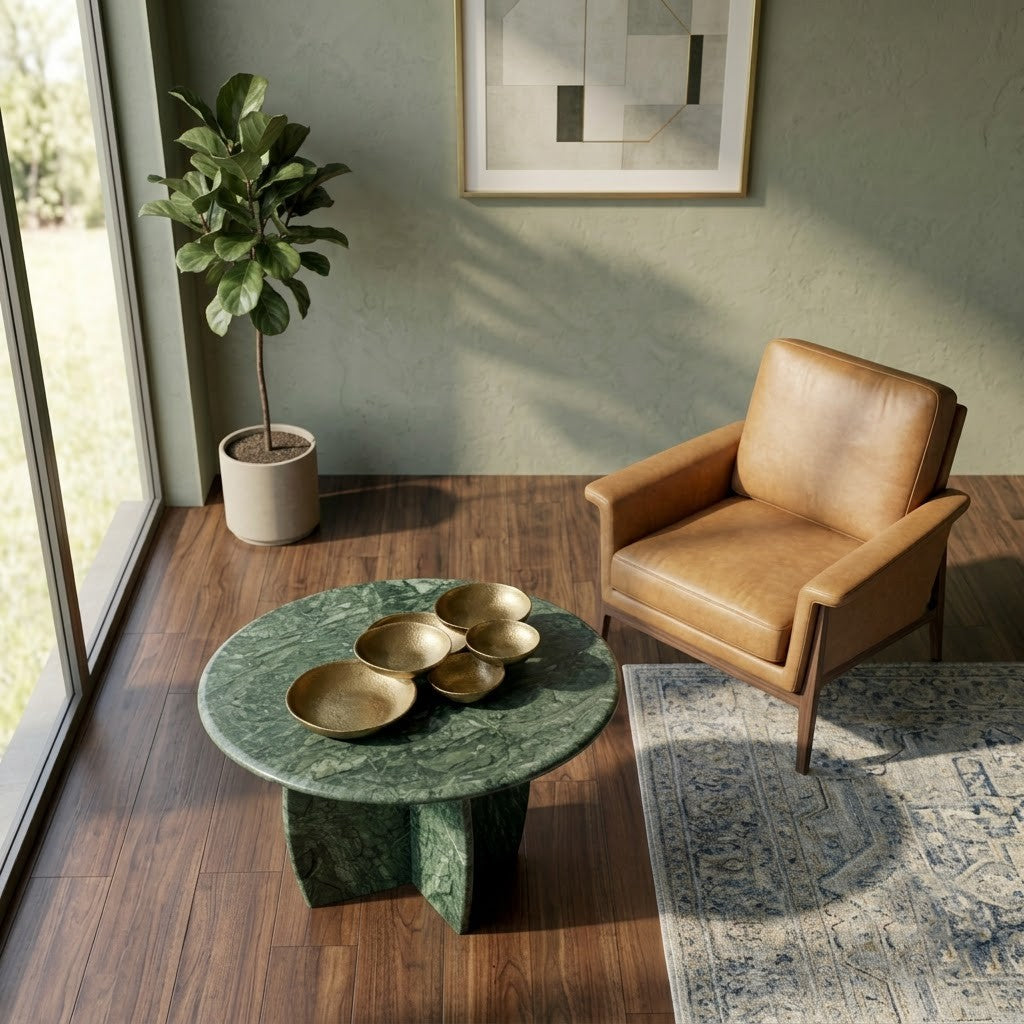 Round Marble Corner Table | Luxury Sofa Side Table with Sculptural Base