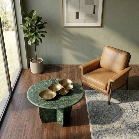 Round Marble Corner Table | Luxury Sofa Side Table with Sculptural Base