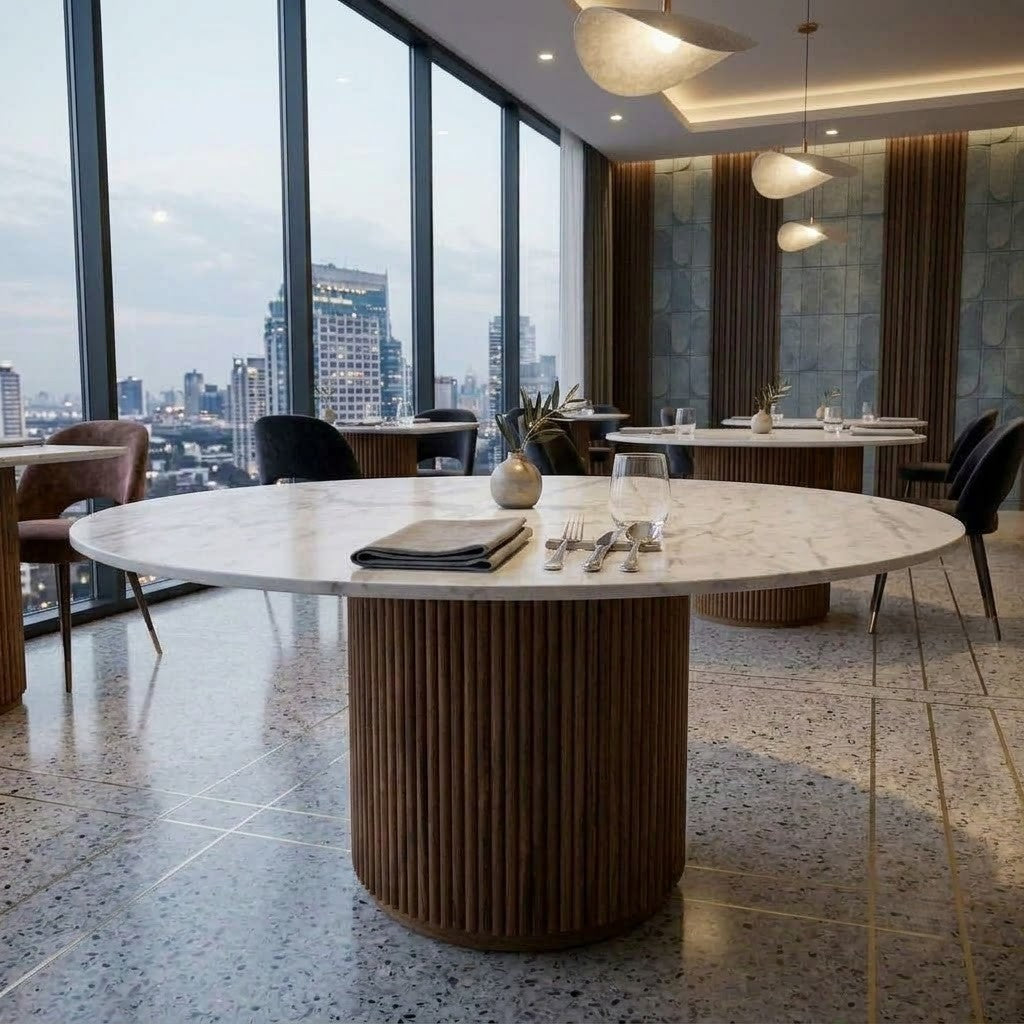 Round Quartz Cafe Table with Ribbed Teak Wood Base