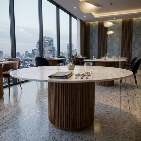 Round Quartz Cafe Table with Ribbed Teak Wood Base