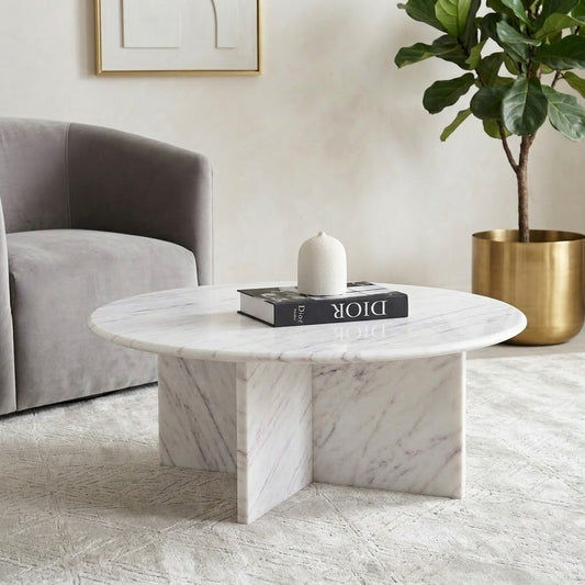 Round White Marble Coffee Table with Cross Base | Banswara Marble | PRITI