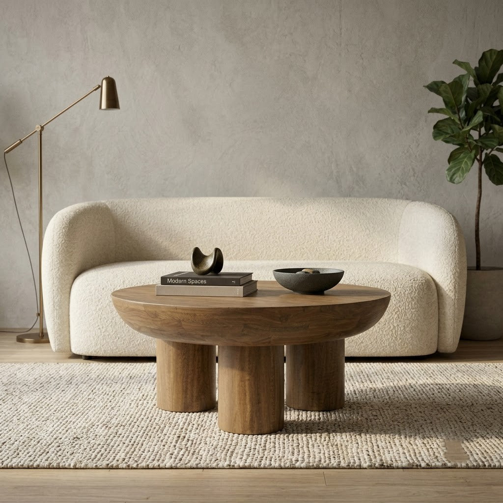 Round Wooden Coffee Table with Stylish Pedestal Base