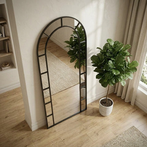 Round top black metal mirror for bedroom and entryway