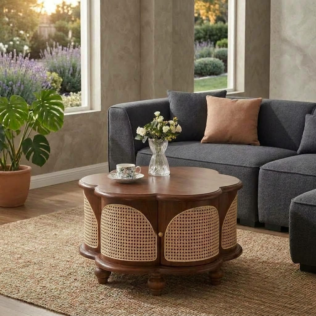 Round wooden center table with hidden storage and cane detailing