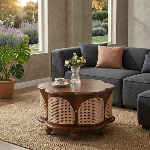 Round wooden center table with hidden storage and cane detailing