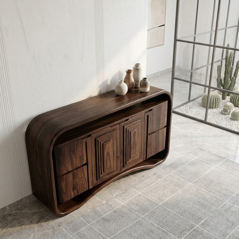 Rounded Sideboard with Open Shelf, Walnut Finish