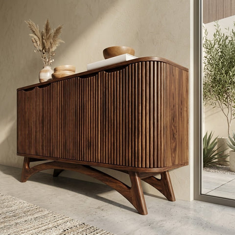 Rounded Wooden Sideboard with Ribbed Front Doors