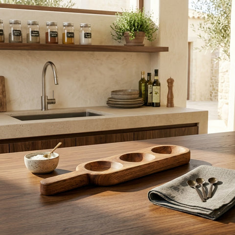 Rustic Acacia Wood Serving Platter with 3 Dip Bowls for Snacks & Dips