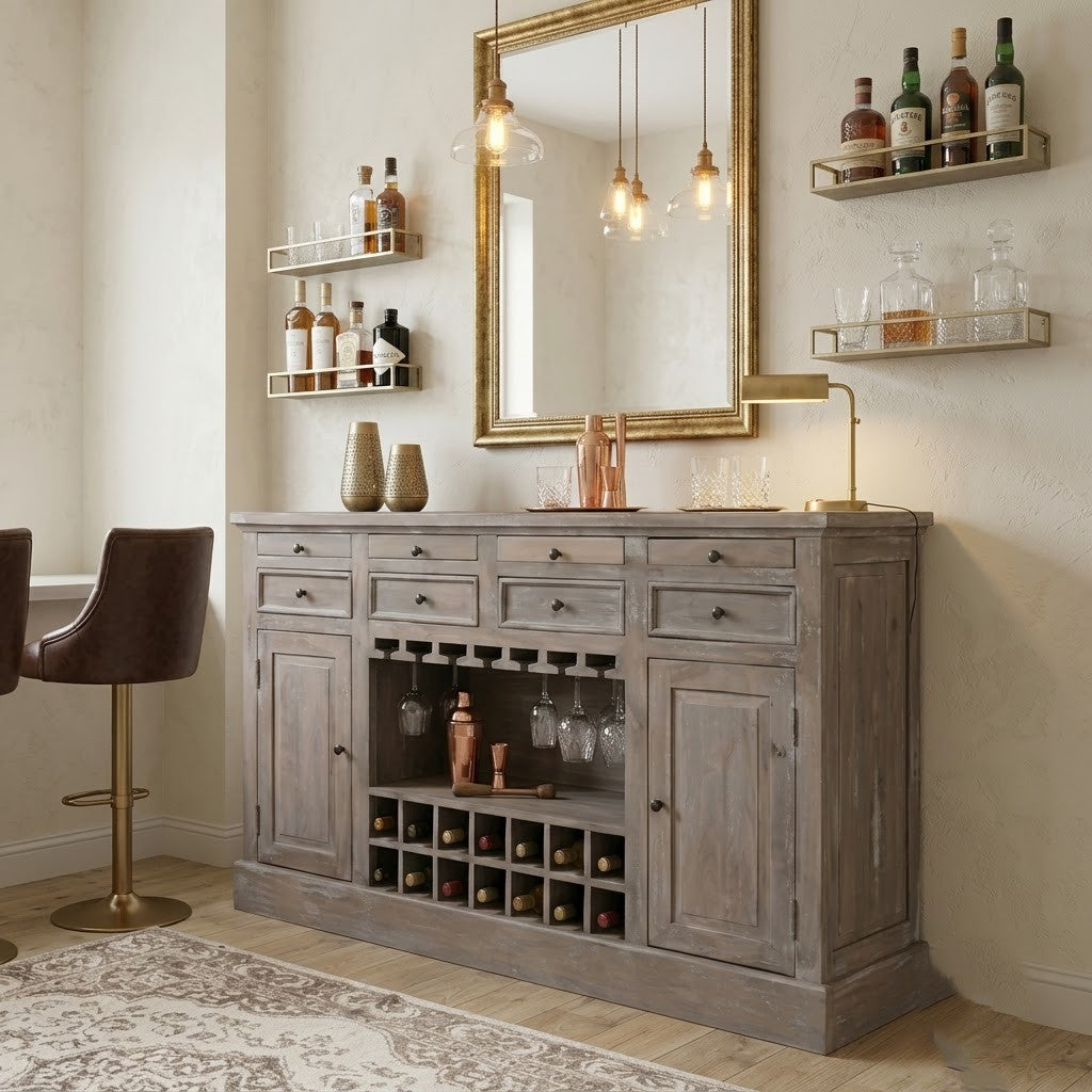 Rustic Brown Wooden Bar Cabinet for Home | PRITI Home Drink Storage Cabinet