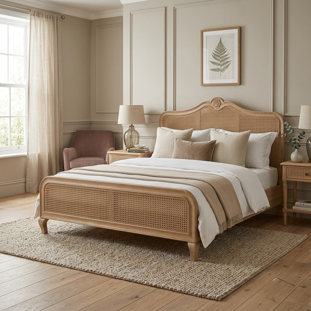 Rustic French Country style Mango Wood Rattan bed