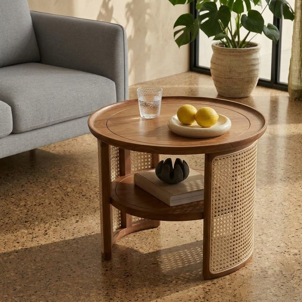 Rustic Mango Wood coffee table with woven cane panels