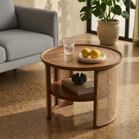 Rustic Mango Wood coffee table with woven cane panels