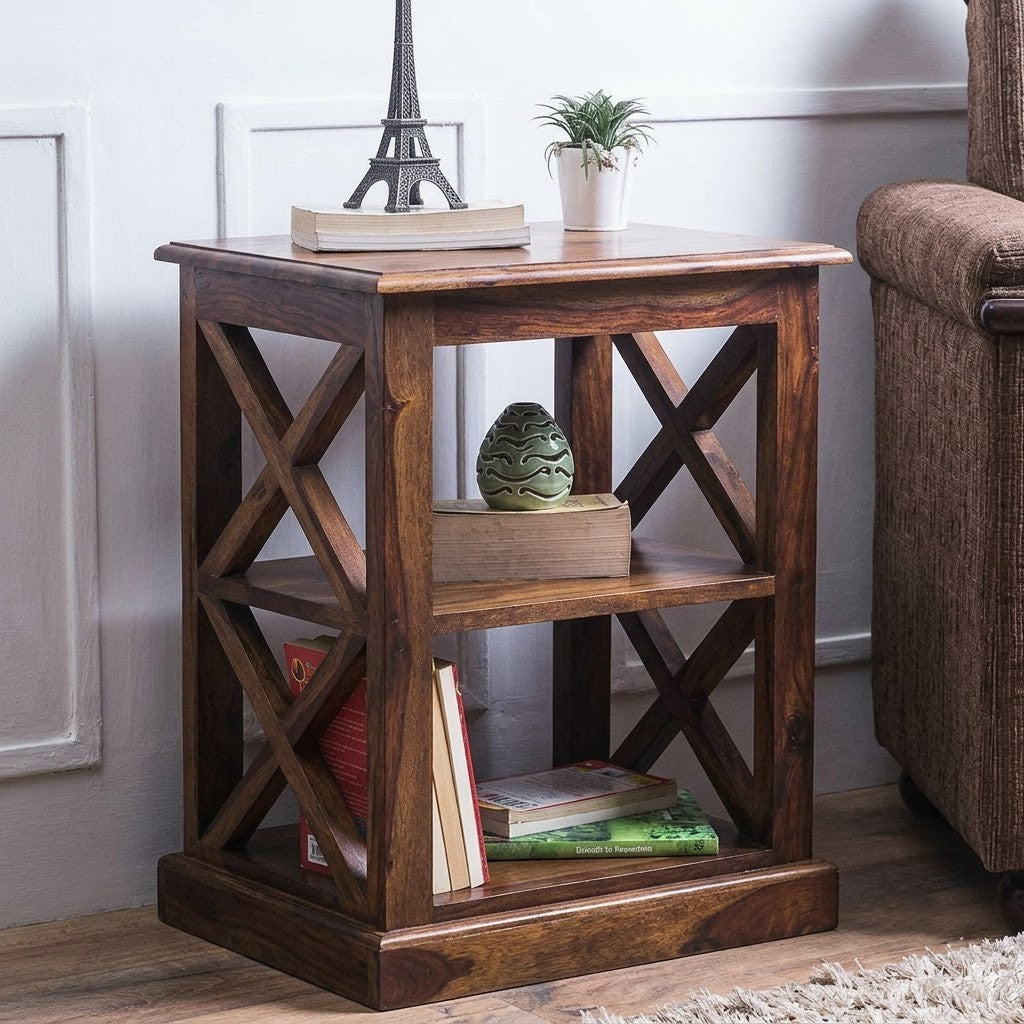 Rustic Solid Wood Side Table with 2 Open Shelves | Living Room & Bedroom Table