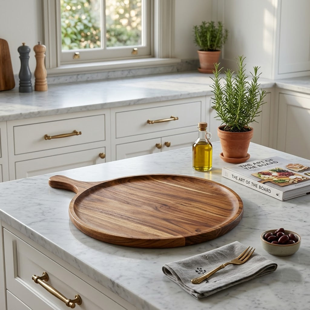Rustic Wooden Pizza Board with Handle | Solid Wood Serving Platter