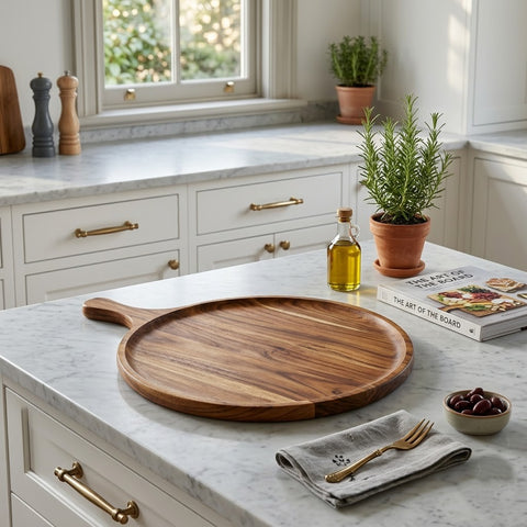 Rustic Wooden Pizza Board with Handle | Solid Wood Serving Platter