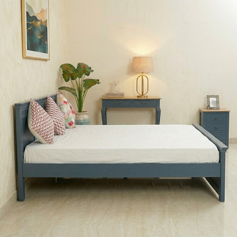 PRITI Solid Wood Queen Size Bed - Blue