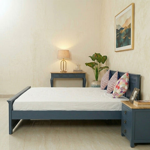 PRITI Solid Wood Queen Size Bed - Blue