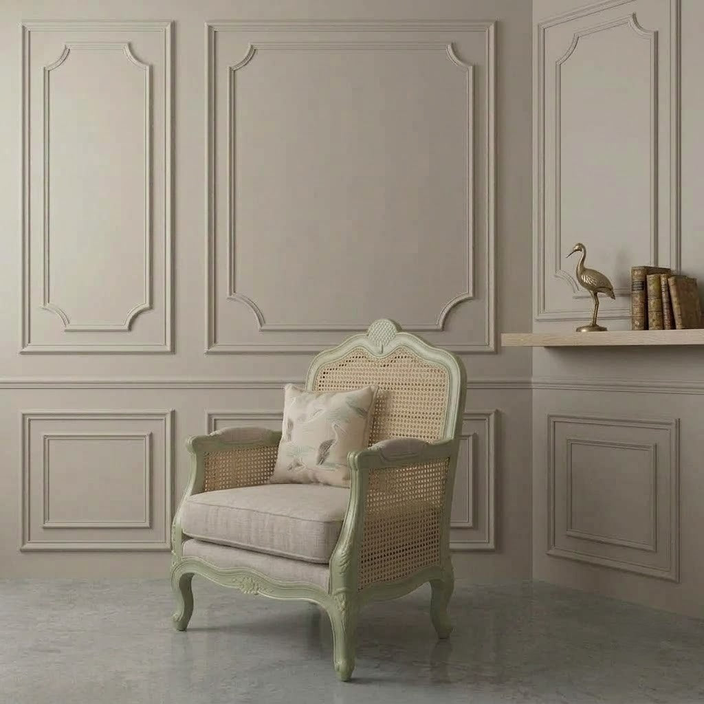 Sage green wooden cane armchair for living room and bedroom