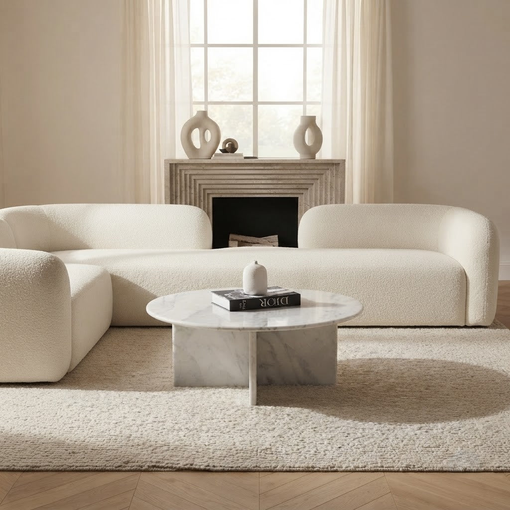 Santa Helena marble coffee table beside boucle sofa and armchair