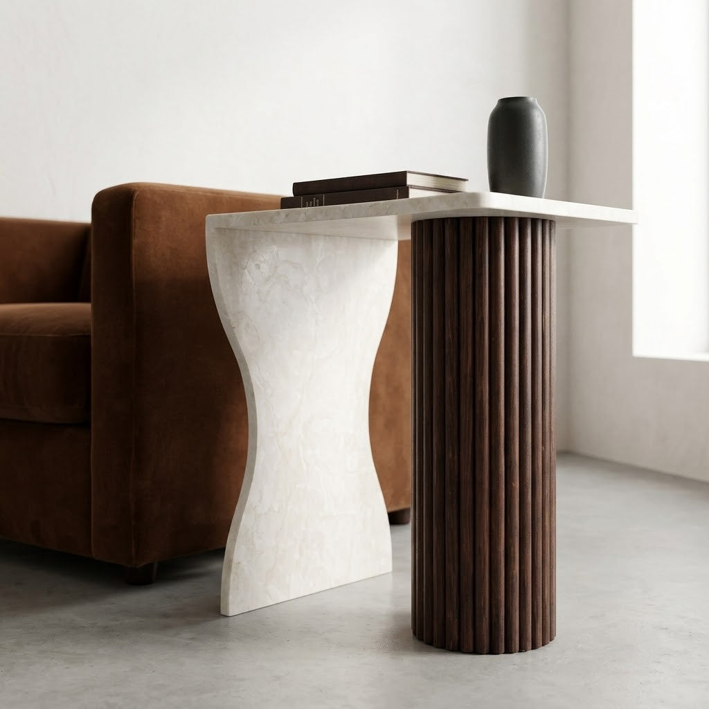 Sculptural Marble Side Table with Fluted Wood Column Base