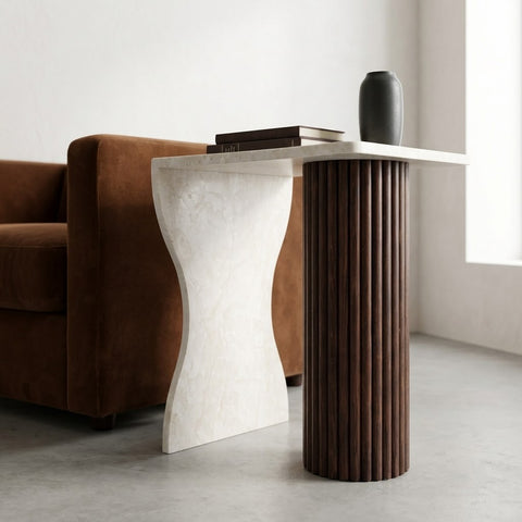 Sculptural Marble Side Table with Fluted Wood Column Base