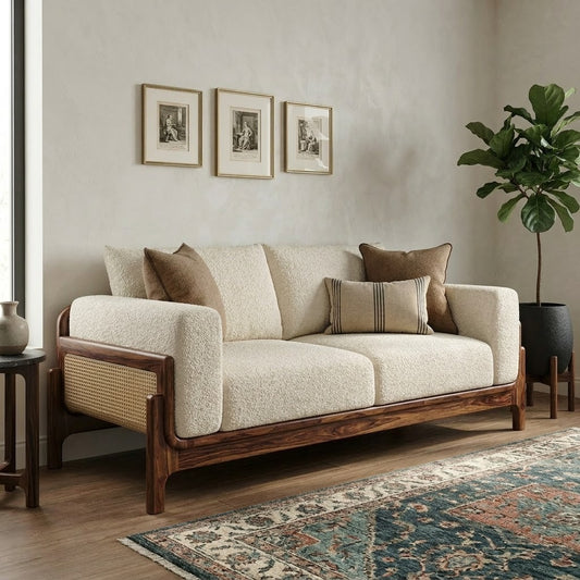 Sheesham Wood 3 Seater Sofa with Cane Detailing | Dark Walnut Boucle Sofa