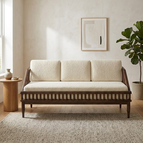 Sheesham Wood 3 Seater Sofa with Crème Boucle Fabric