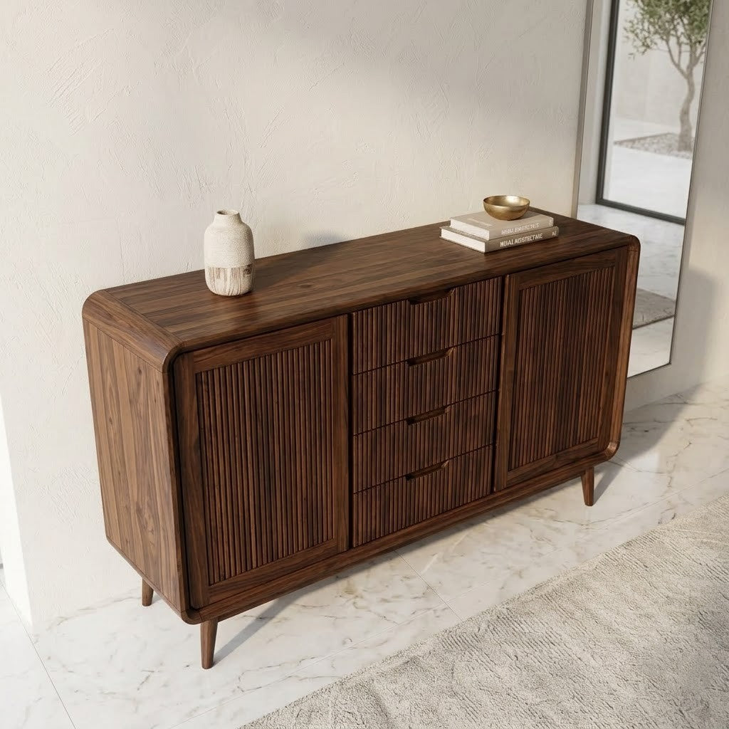 Sheesham Wood Cabinet with Fluted Drawers & Doors