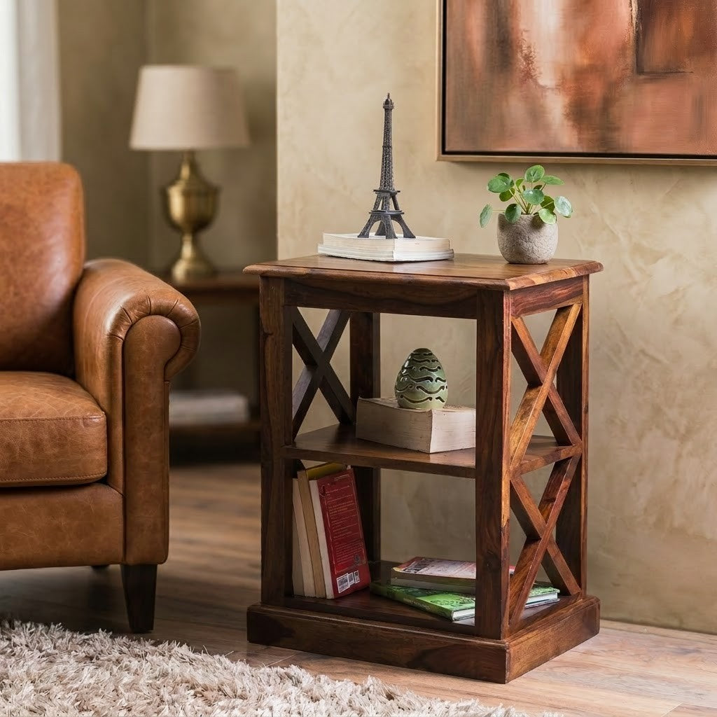 Sheesham Wood Side Table with X-Frame Design | Bedside & Living Room End Table