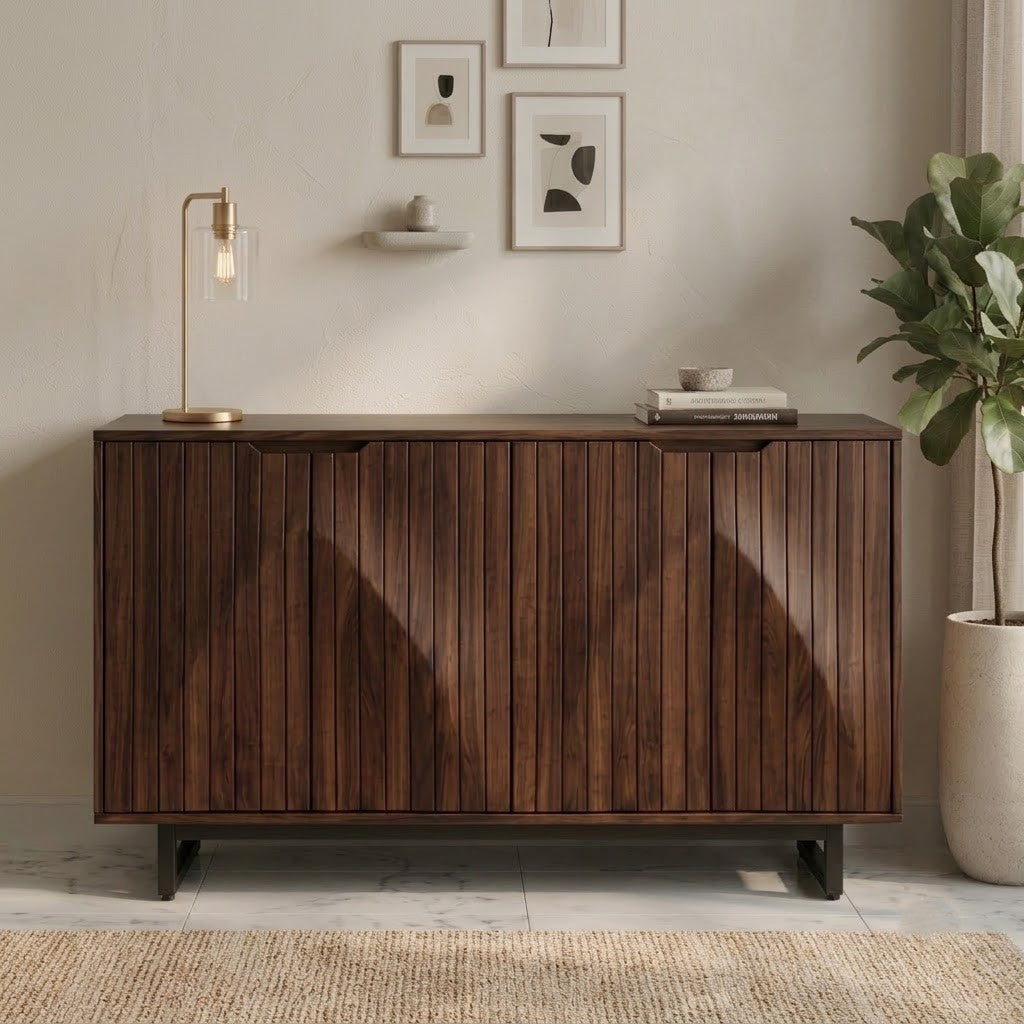 Sheesham Wood Sideboard, Wave Textured Doors – PRITI