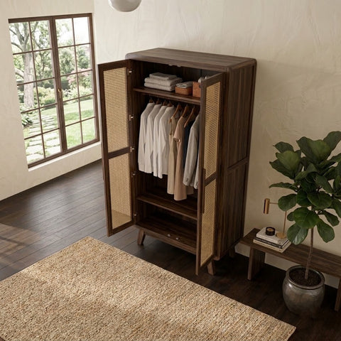 Sheesham Wood Wardrobe with Cane Panels for Clothes