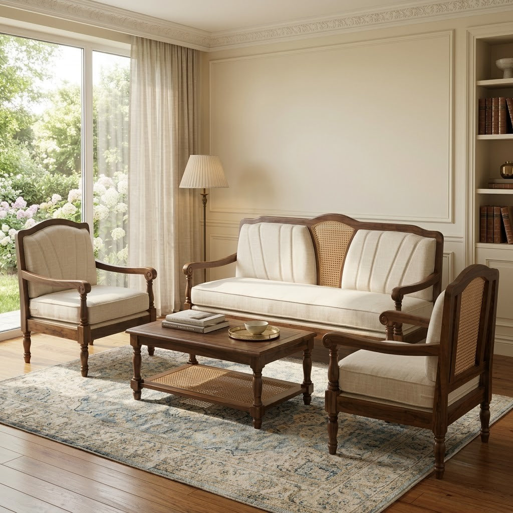 Sheesham wood 3+1+1 sofa set with cream boucle fabric